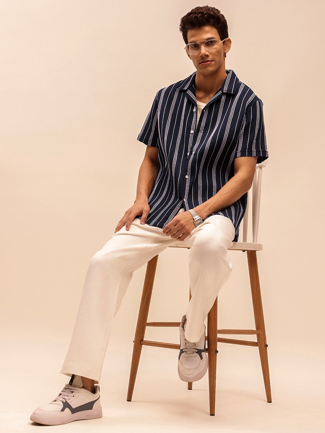 Blue Textured Short Sleeve Cuban Collar Shirts