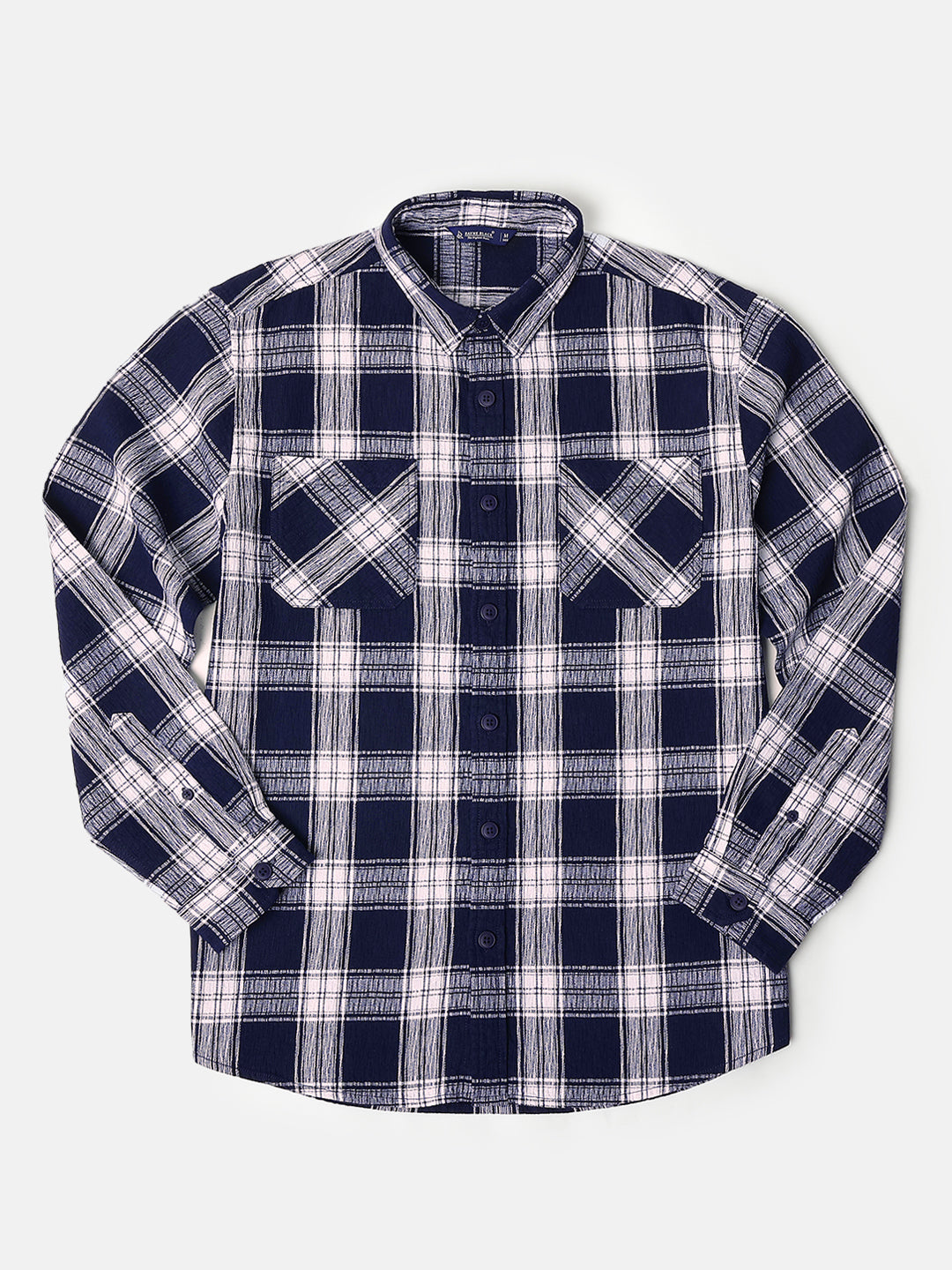 Long Sleeves Relaxed Fit Checked Shirt in Navy Blue