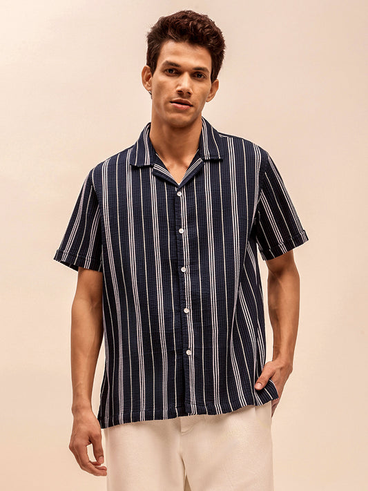 Blue Textured Short Sleeve Cuban Collar Shirts