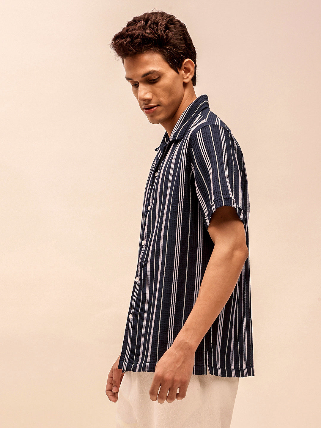Blue Textured Short Sleeve Cuban Collar Shirts