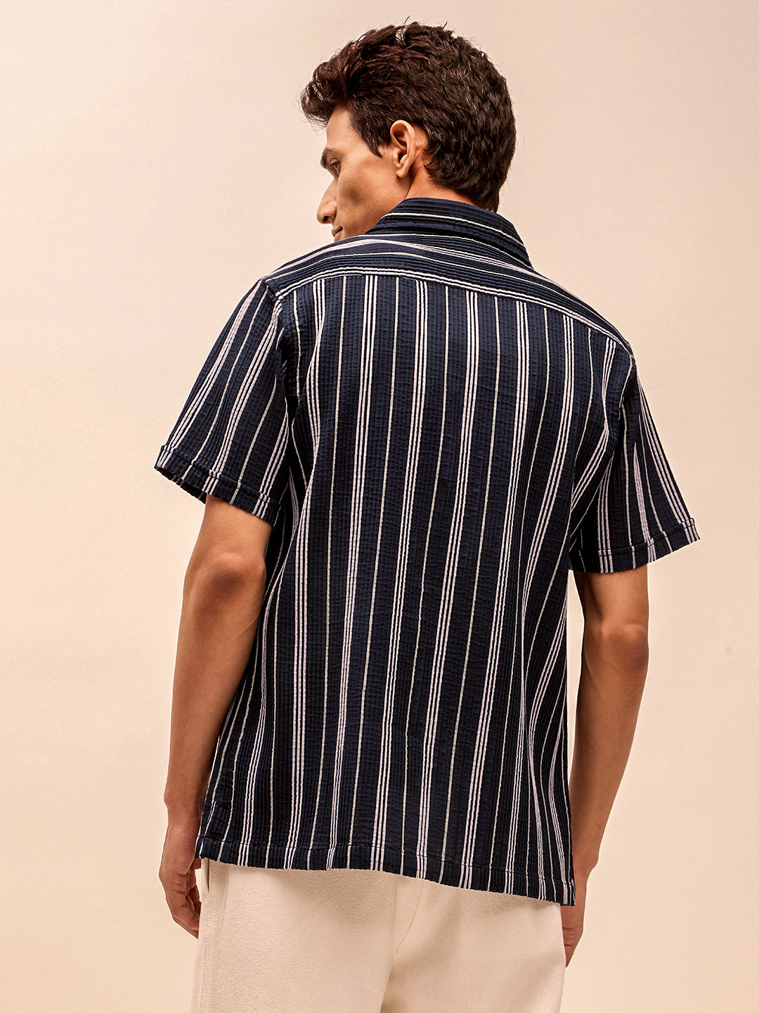 Blue Textured Short Sleeve Cuban Collar Shirts