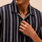 Blue Textured Short Sleeve Cuban Collar Shirts