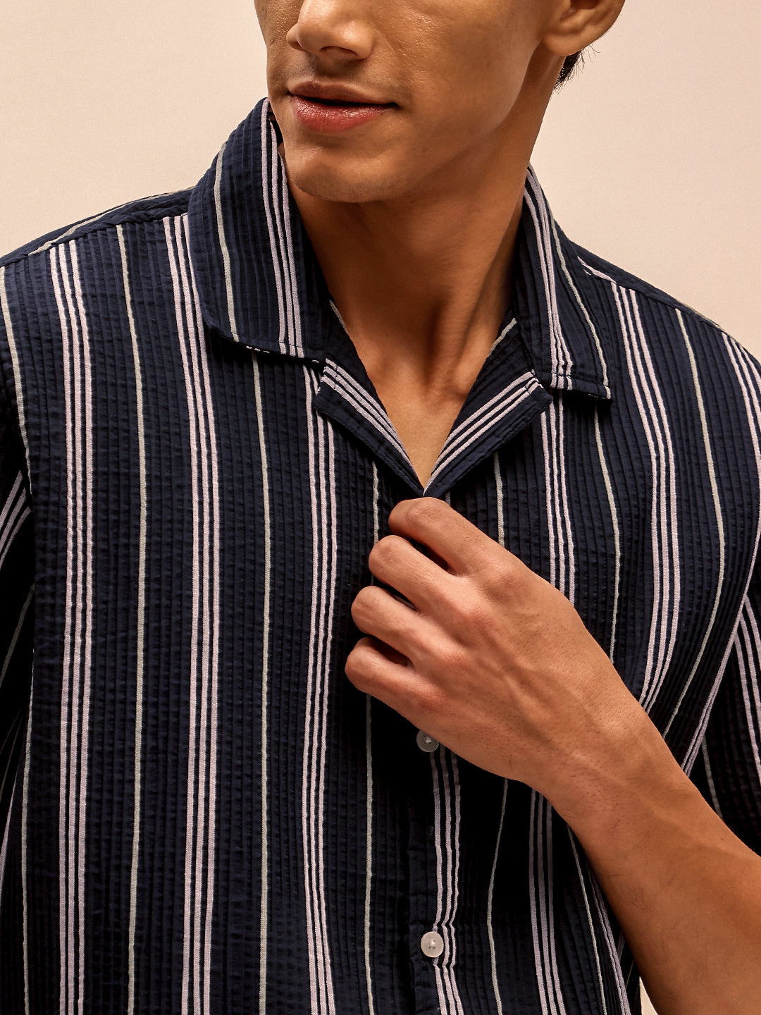 Blue Textured Short Sleeve Cuban Collar Shirts