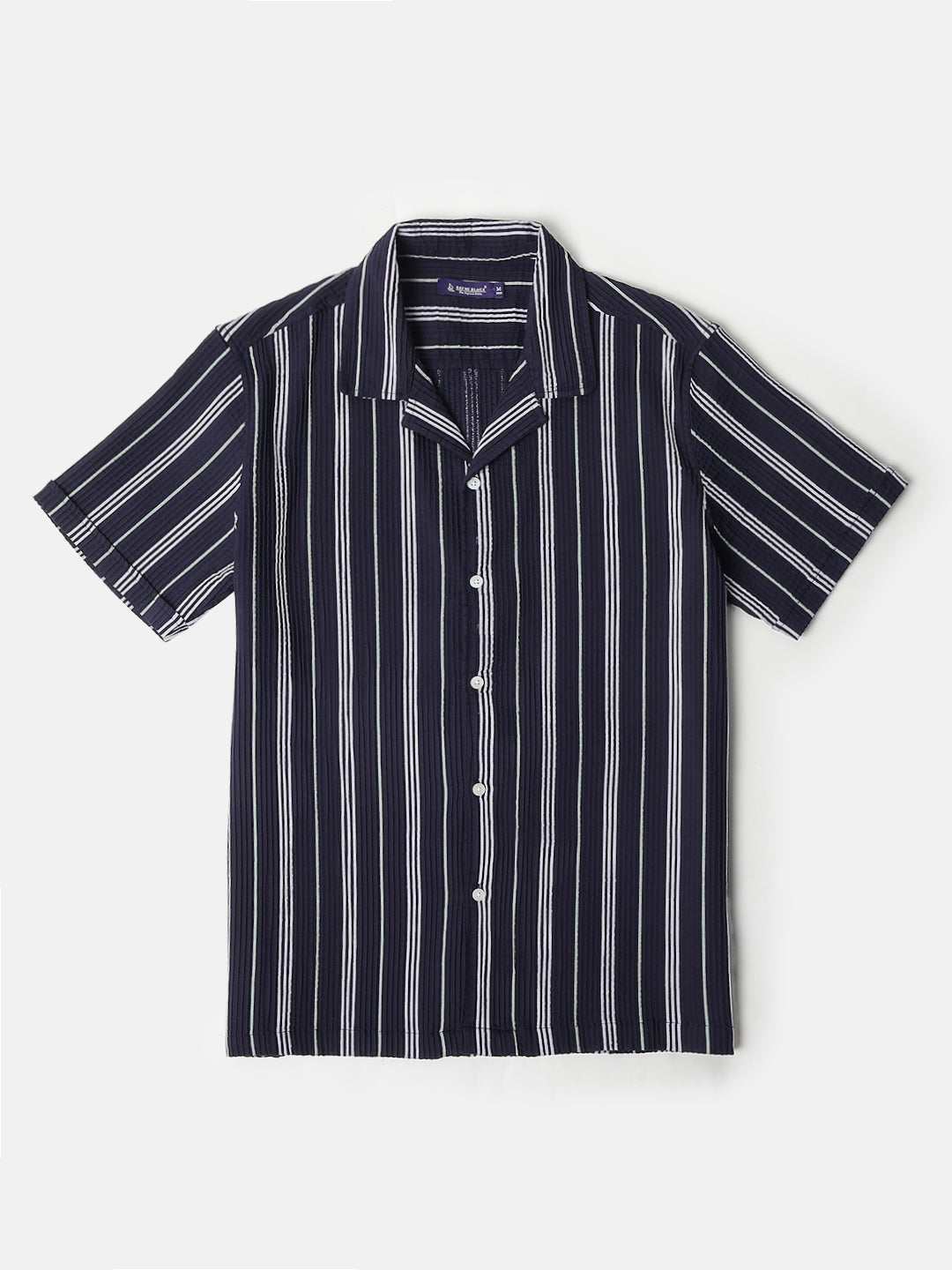 Blue Textured Short Sleeve Cuban Collar Shirts