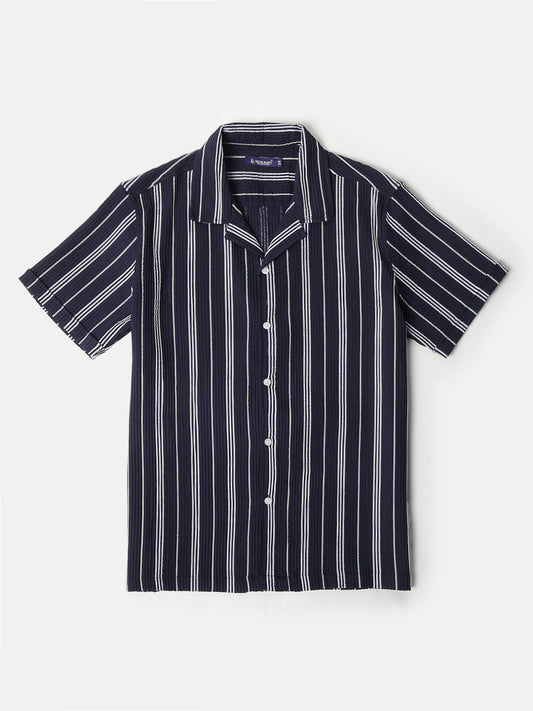 Blue Textured Short Sleeve Cuban Collar Shirts