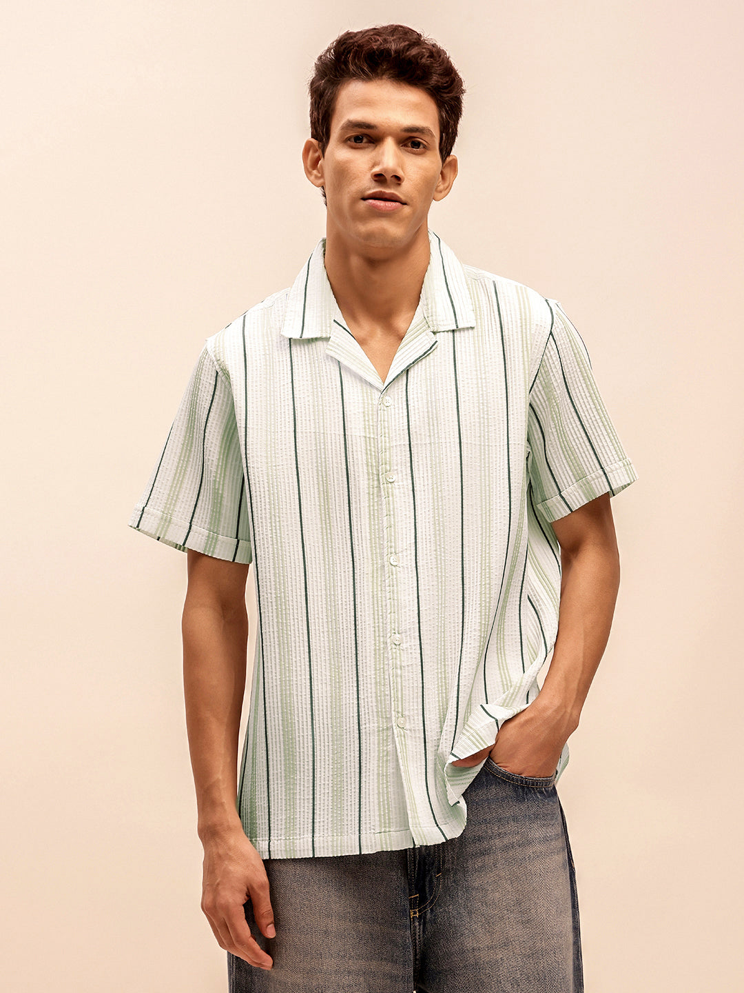 White Textured Short Sleeve Shirts for Men