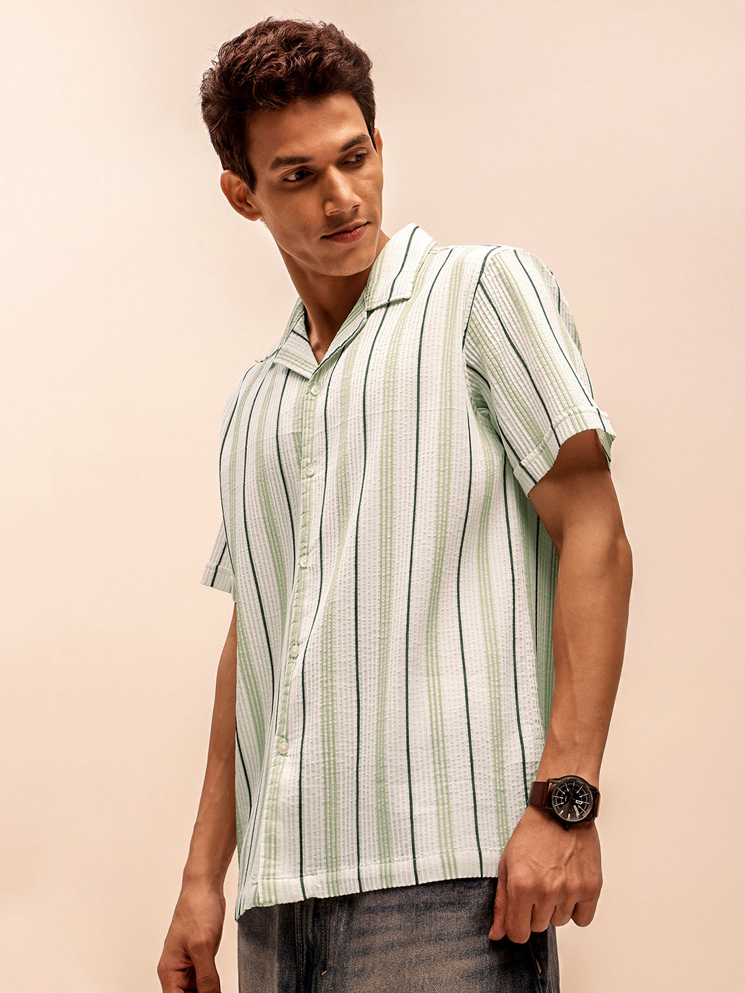 White Textured Short Sleeve Shirts for Men