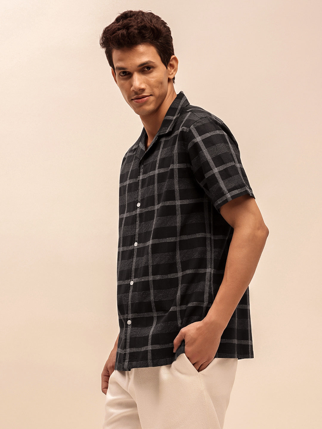 Black Checks Short Sleeves Shirt for Men