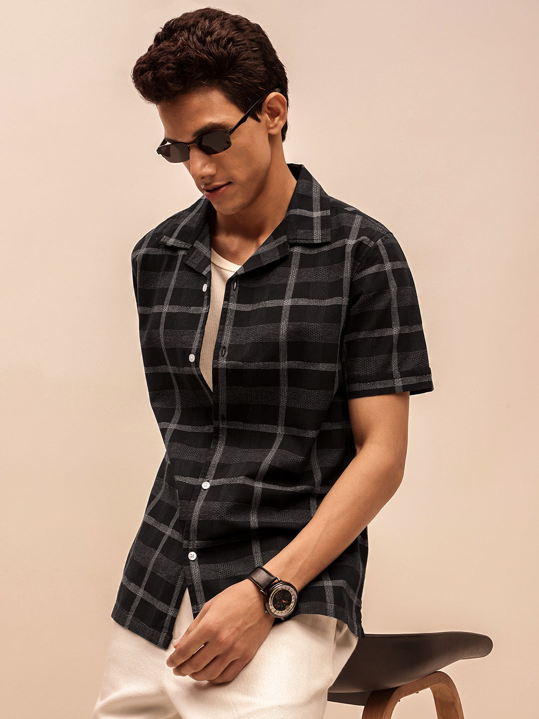 Black Checks Short Sleeves Shirt for Men
