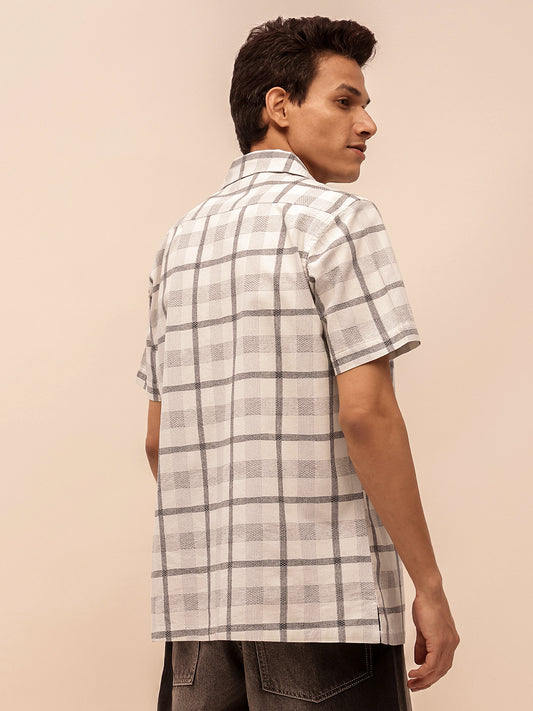 White Short Sleeves Relaxed Fit Checked Shirt