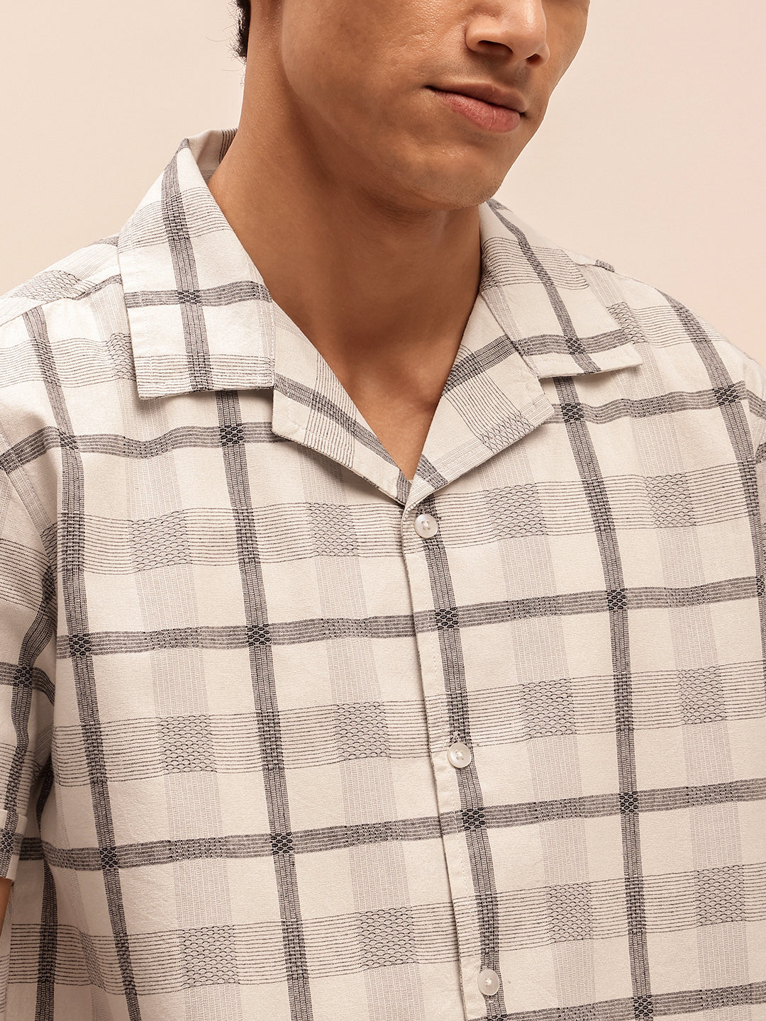 White Short Sleeves Relaxed Fit Checked Shirt