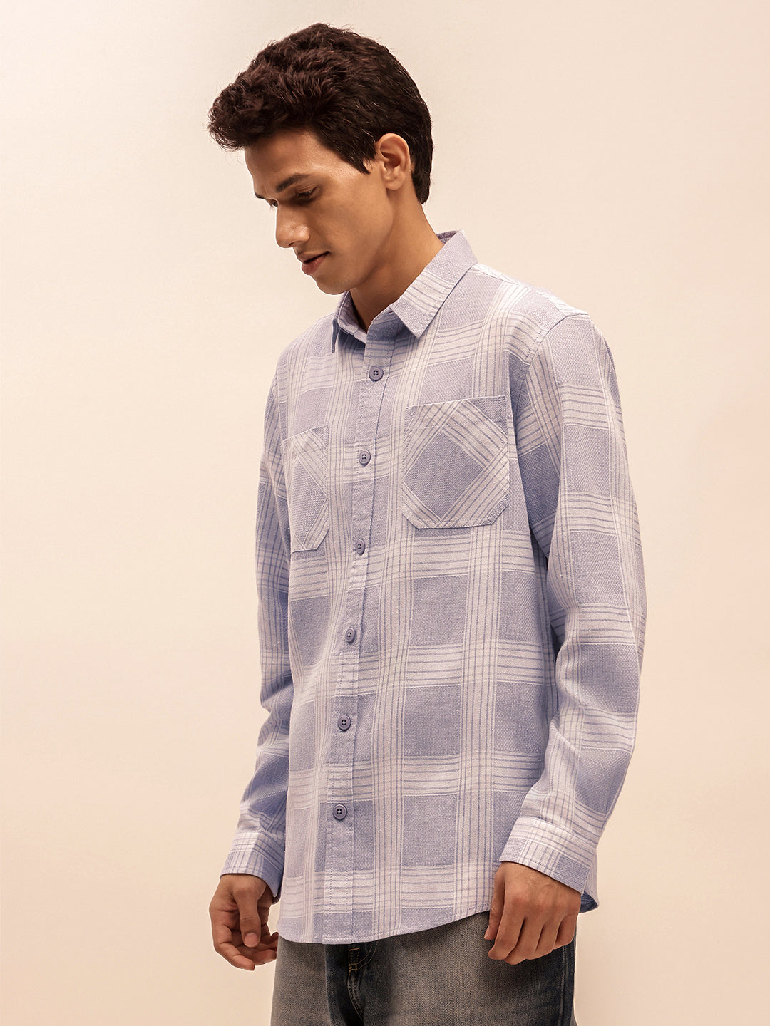 Relaxed Fit Checked Shirt in Dusty Blue