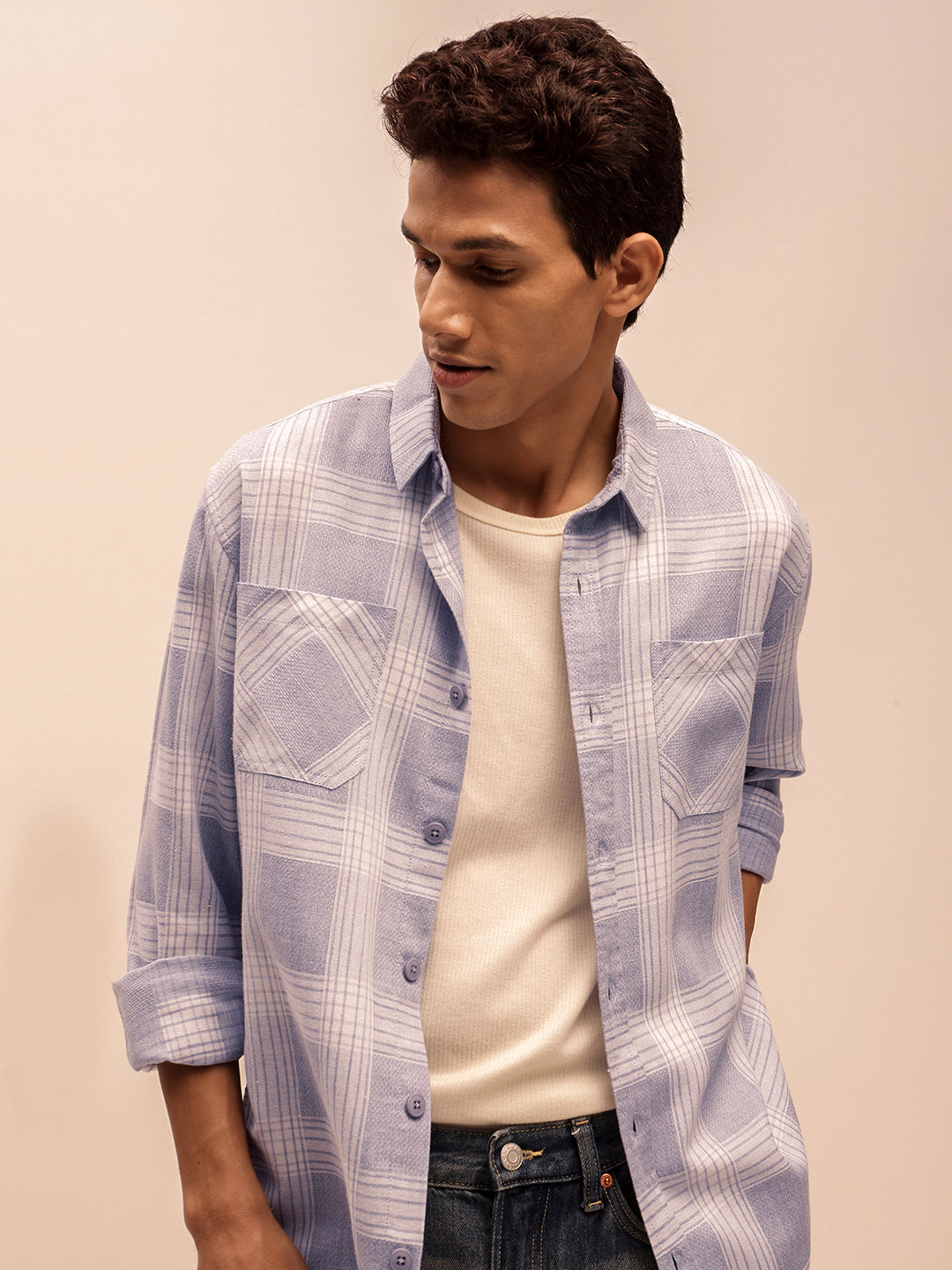 Relaxed Fit Checked Shirt in Dusty Blue