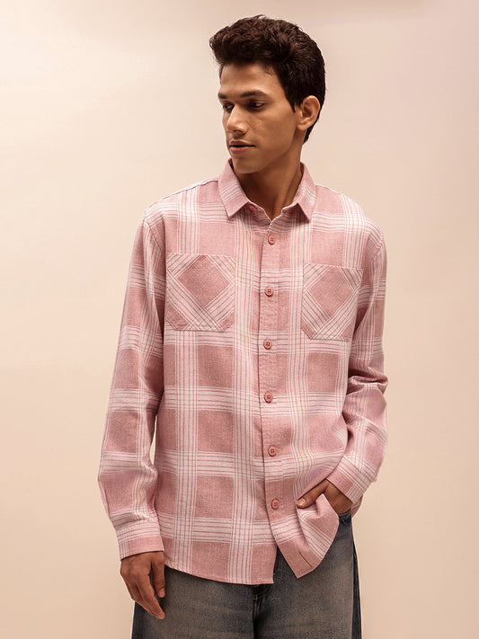 Relaxed Fit Checked Shirt in Dusty Pink