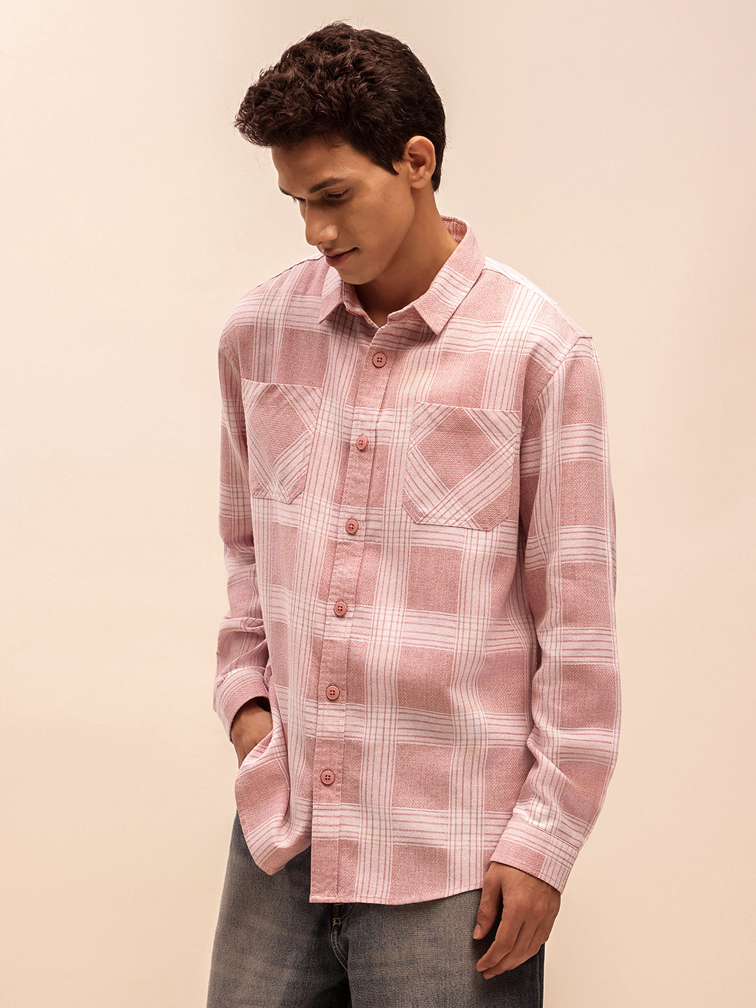 Relaxed Fit Checked Shirt in Dusty Pink