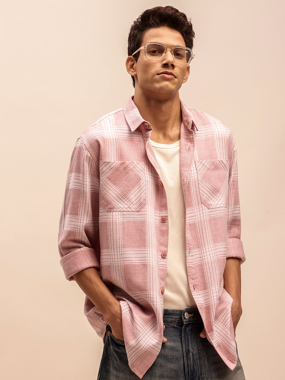 Relaxed Fit Checked Shirt in Dusty Pink