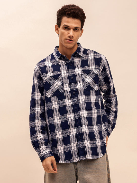 Long Sleeves Relaxed Fit Checked Shirt in Navy Blue