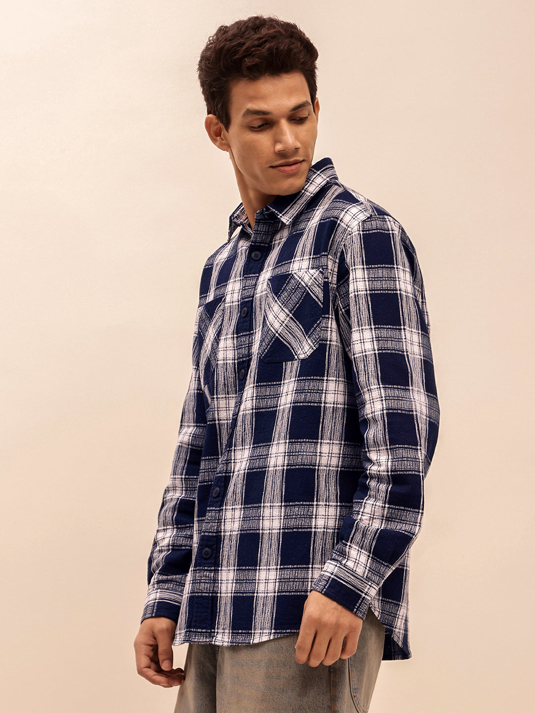 Long Sleeves Relaxed Fit Checked Shirt in Navy Blue
