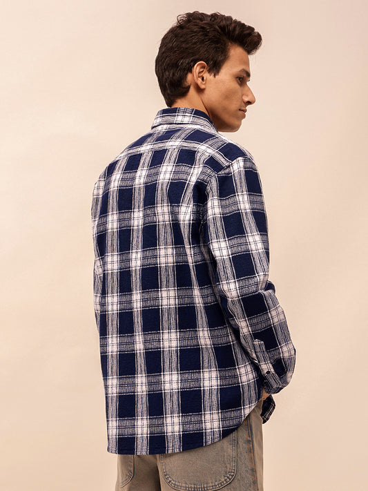 Long Sleeves Relaxed Fit Checked Shirt in Navy Blue