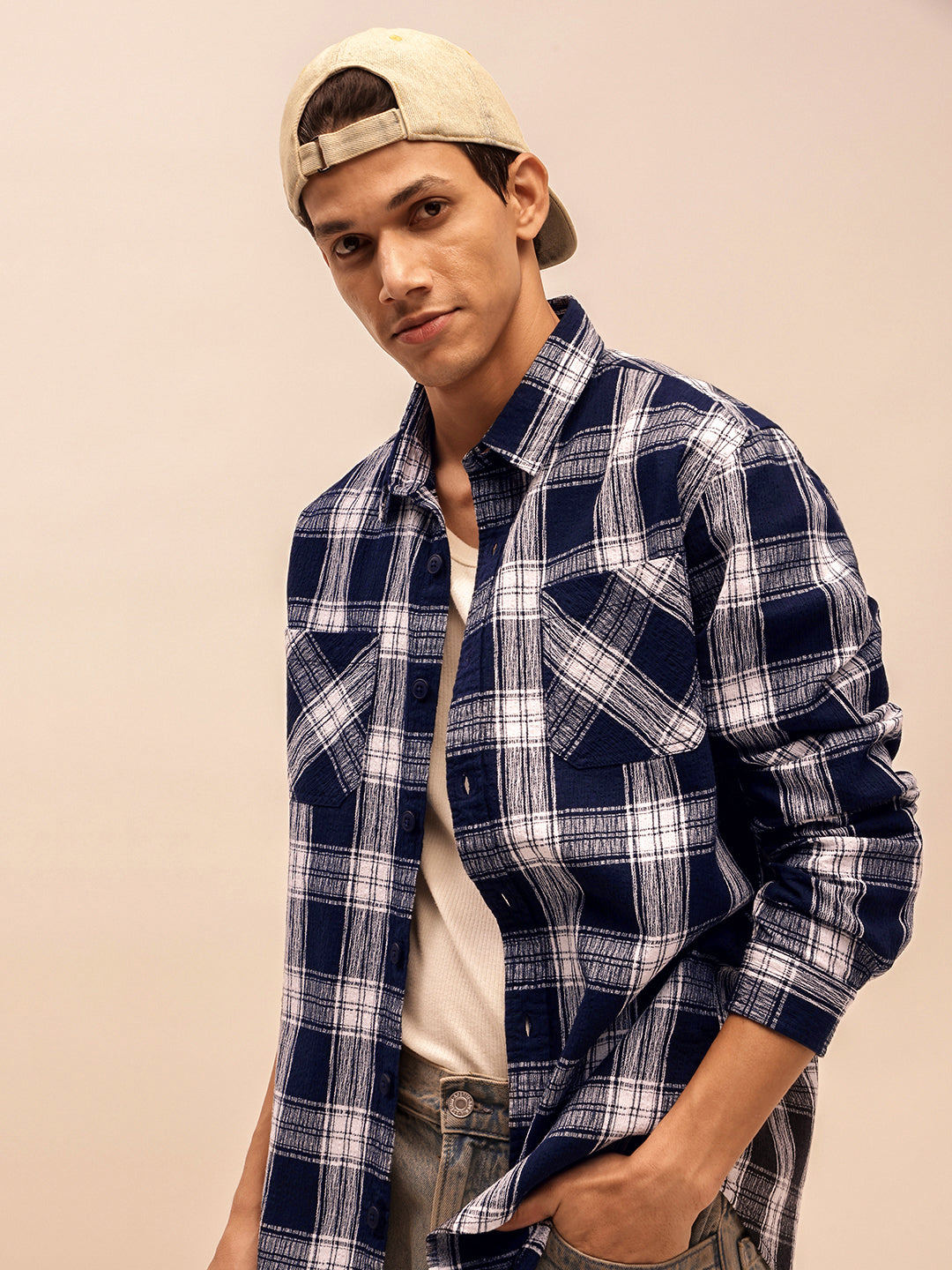 Long Sleeves Relaxed Fit Checked Shirt in Navy Blue