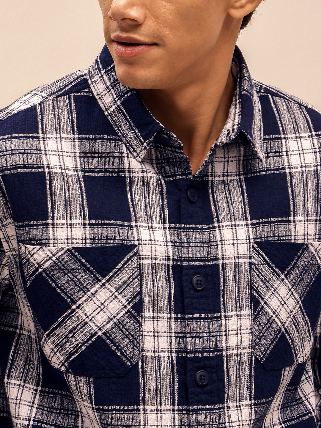 Long Sleeves Relaxed Fit Checked Shirt in Navy Blue