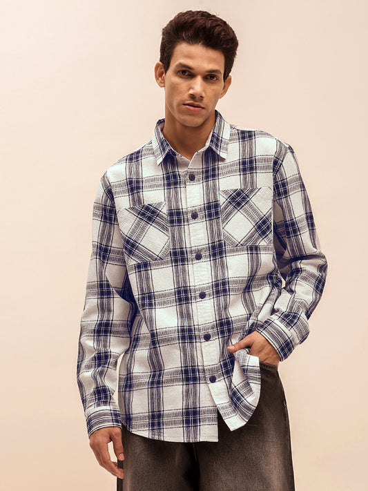 Long Sleeves Relaxed Fit Checked Shirt in White