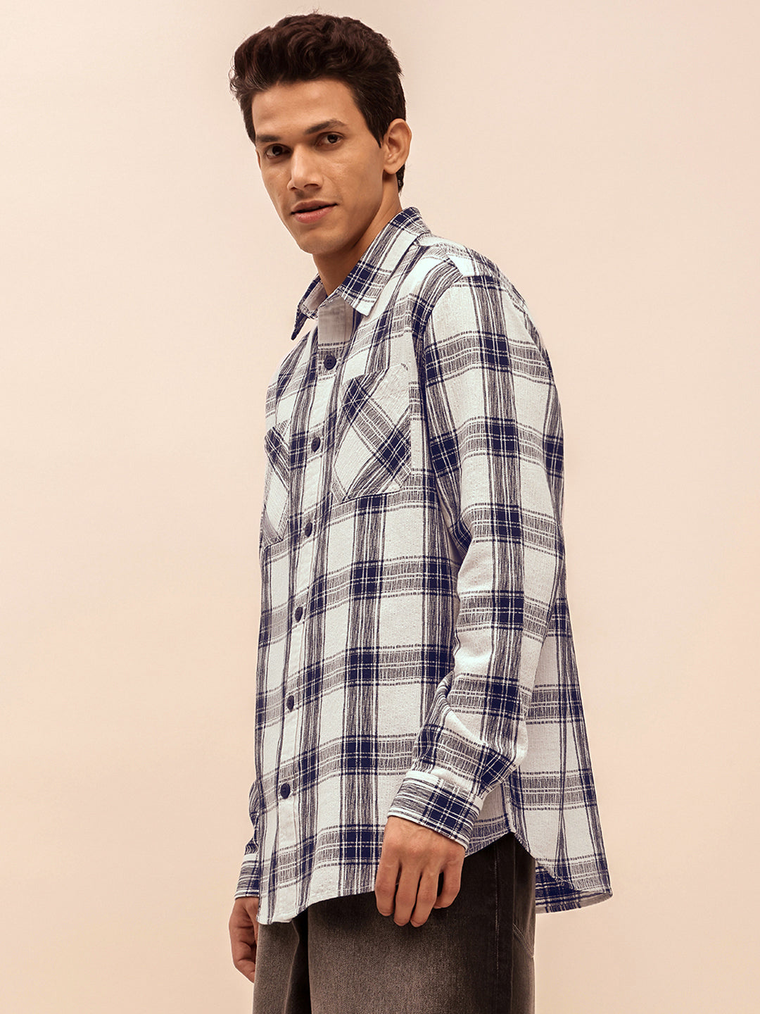 Long Sleeves Relaxed Fit Checked Shirt in White