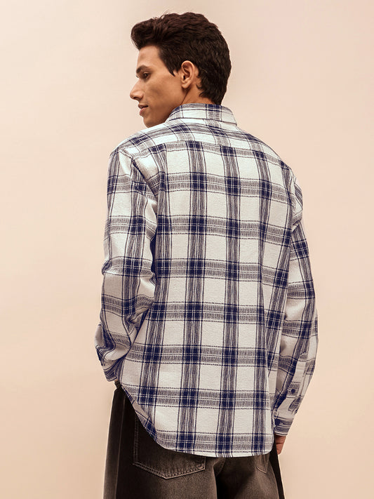 Long Sleeves Relaxed Fit Checked Shirt in White