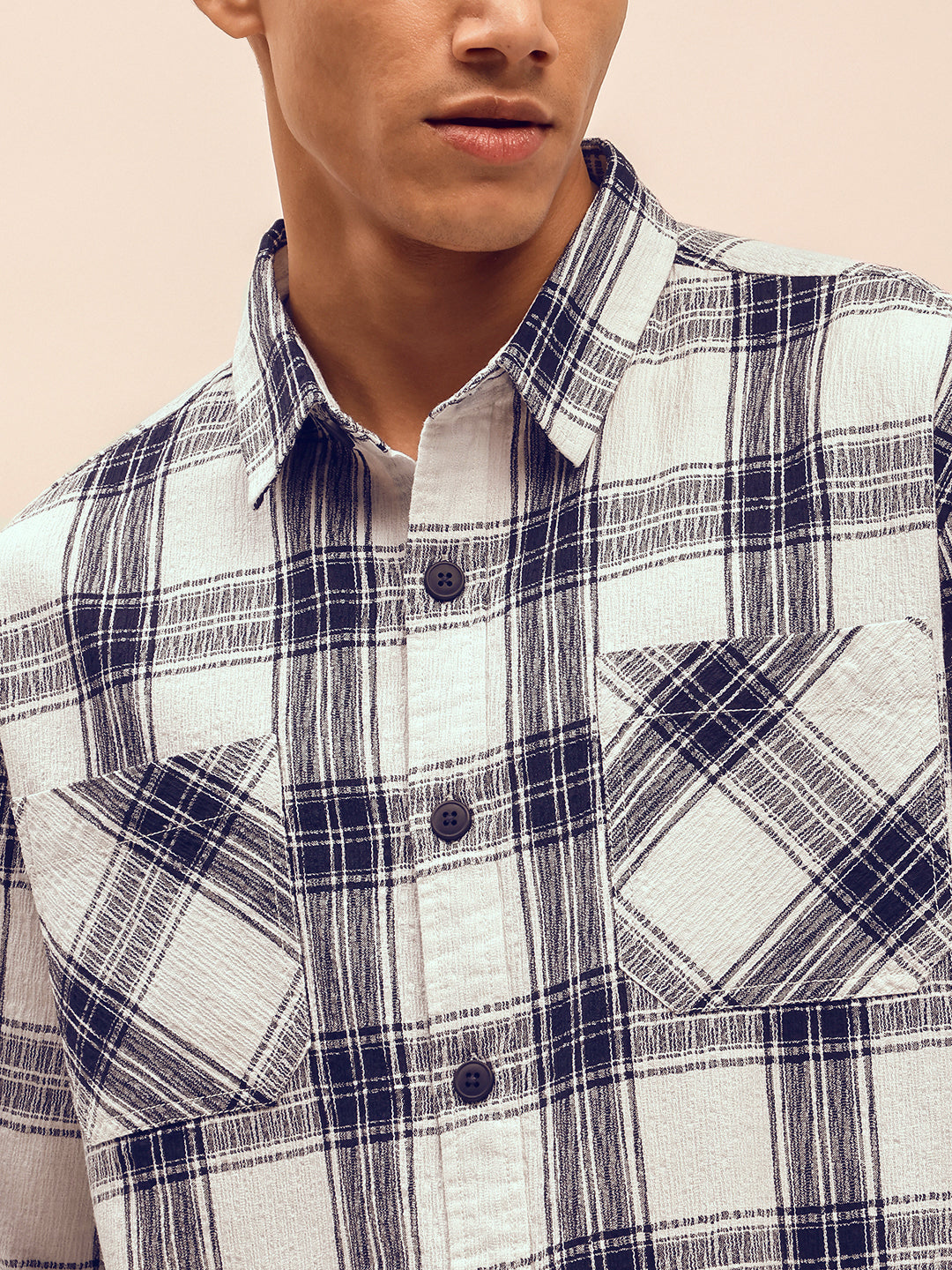 Long Sleeves Relaxed Fit Checked Shirt in White
