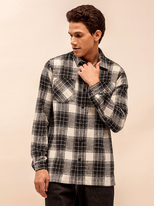 Men’s Checkered Long Sleeve Shacket in Beige