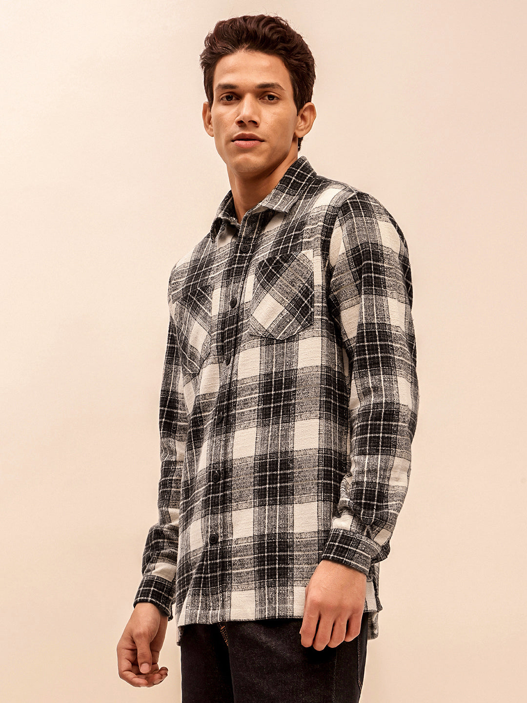 Men’s Checkered Long Sleeve Shacket in Beige