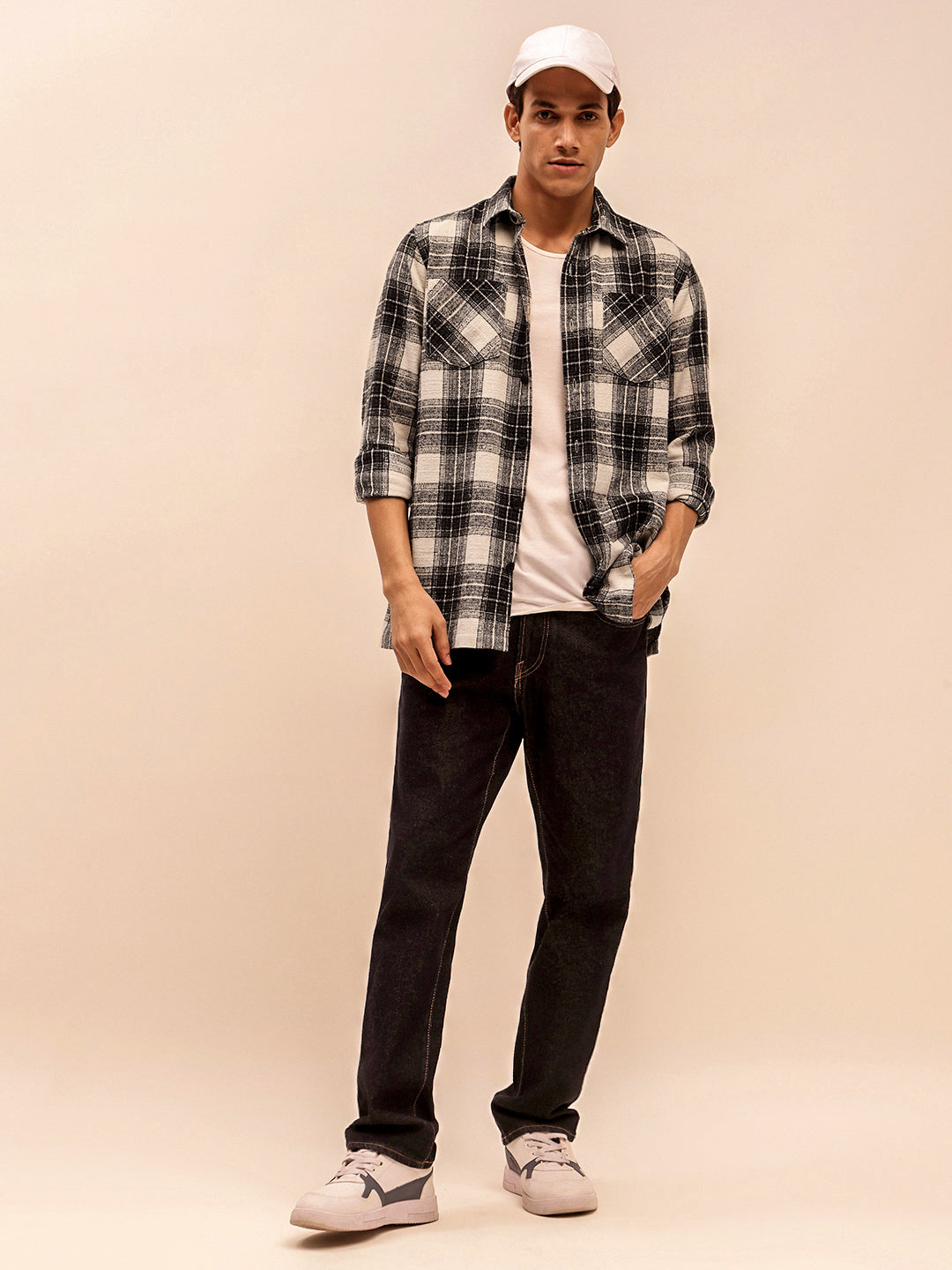 Men’s Checkered Long Sleeve Shacket in Beige