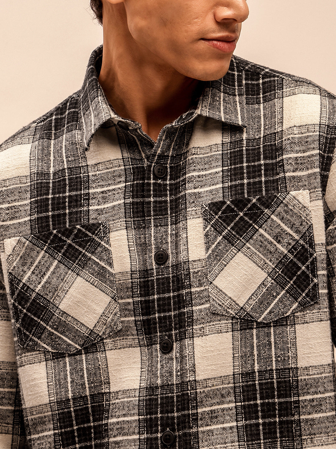 Men’s Checkered Long Sleeve Shacket in Beige