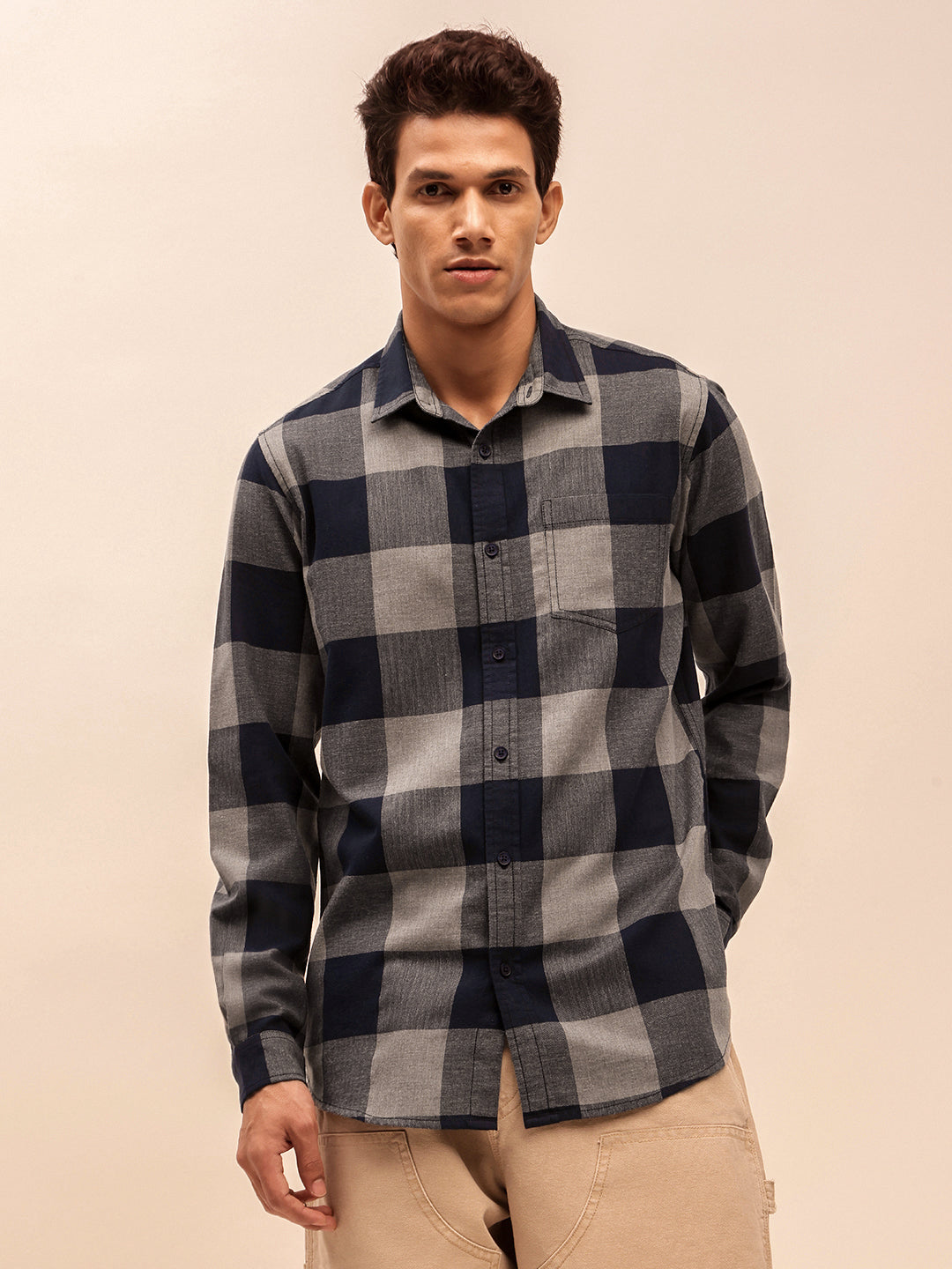 Navy Check Shirt with Long Sleeves