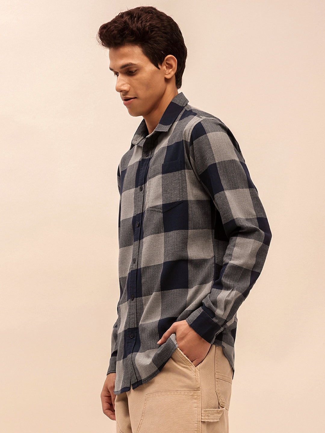 Navy Check Shirt with Long Sleeves