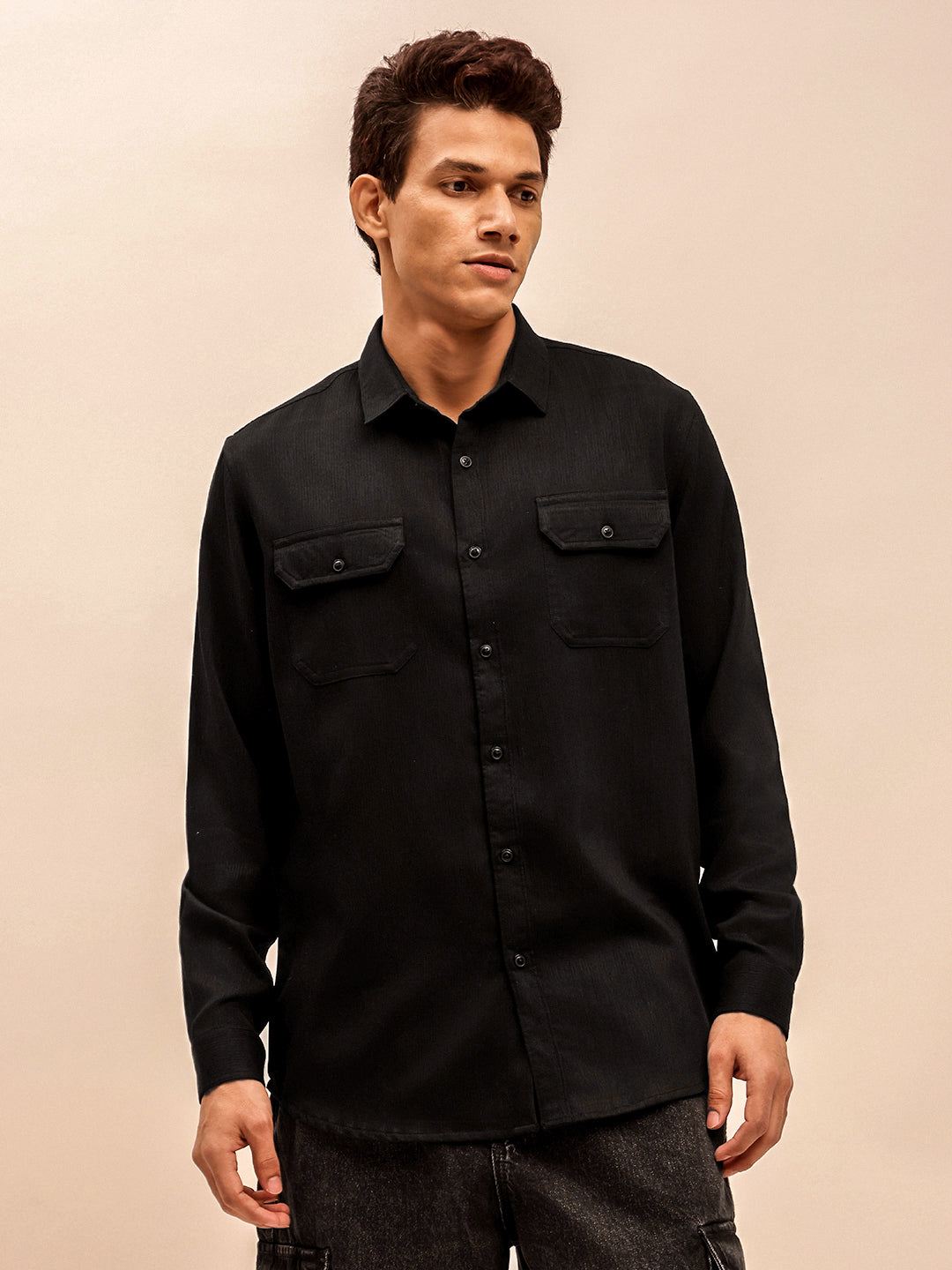 Solid Corduroy Shirt in Black