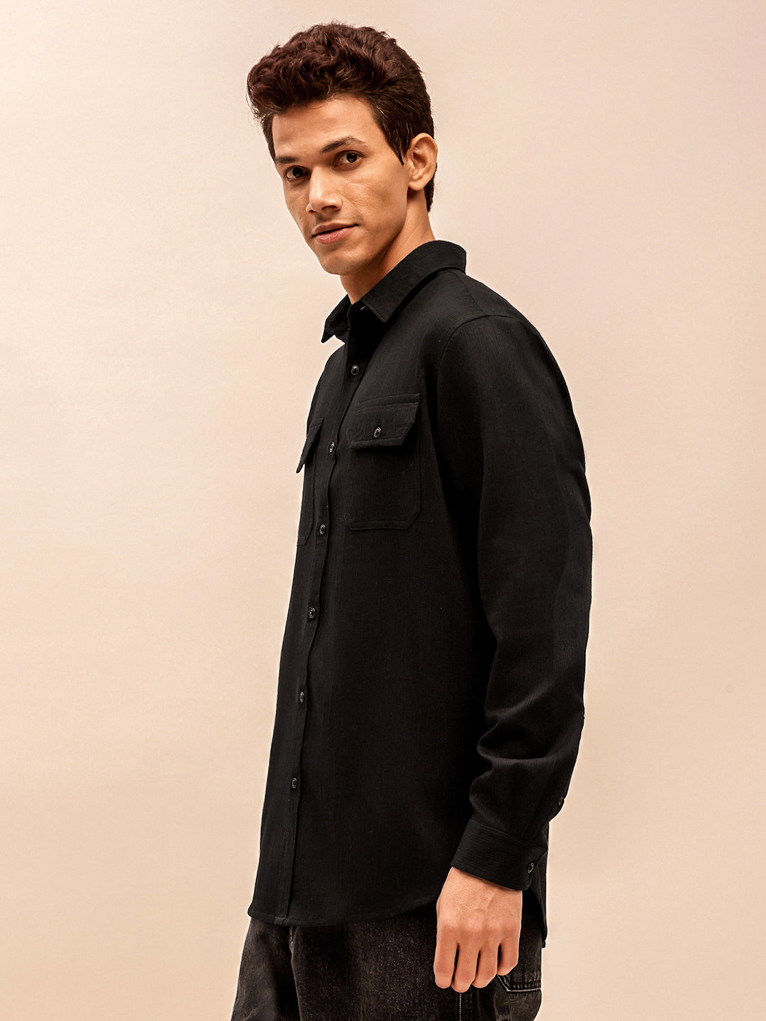 Solid Corduroy Shirt in Black